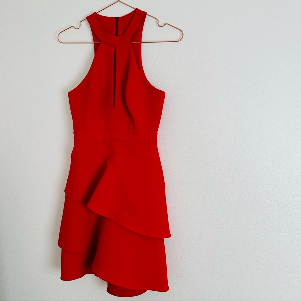 BCBG Max Azria Red Tiered Ruffle Cut-Out Keyhole Sleeveless Mini Halter Dress - Picture 7 of 10